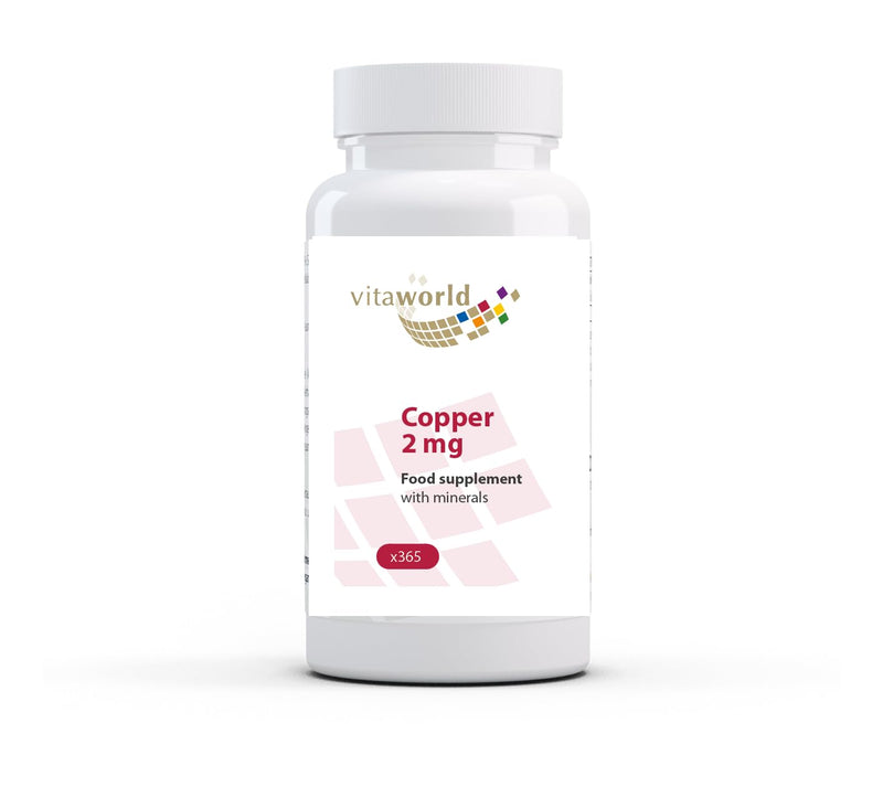 Vita world Copper 2 mg l Copper Gluconate l high bioavailability l Vegan l 1 Year Supply - 365 Tablets