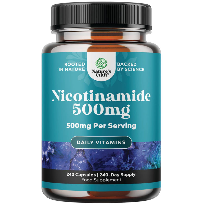 High Strength Nicotinamide 500mg Capsules - 240 Count - Vitamin B3 Supplement for Energy, Skin, and Immune Support - Flush Free Niacin Supplement - Non-GMO, Vegan, Gluten-Free, and GMP Certified