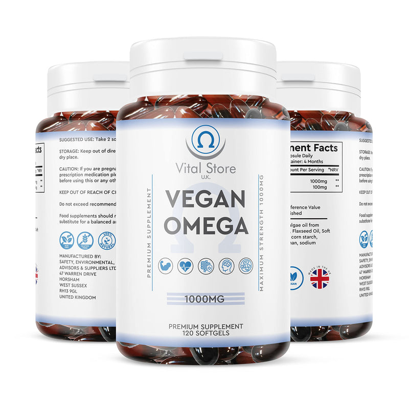 Vegan Omega 3 6 9, DHA & EPA Oil - 1000mg - 4 Month Supply 120 Soft gels - Naturaly sourced Algae Oil - High Strength