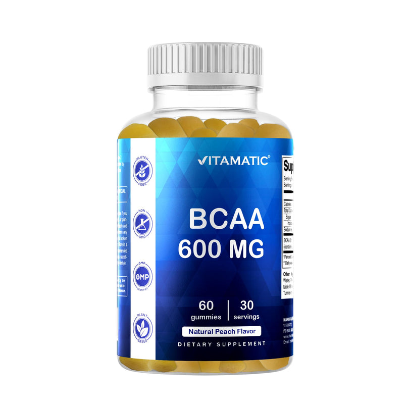 Vitamatic BCAA Gummies - Branch Chain Amino Acid Supplements - Peach Flavor - 600mg per Serving - 60 Vegan Pectin Based Gummies
