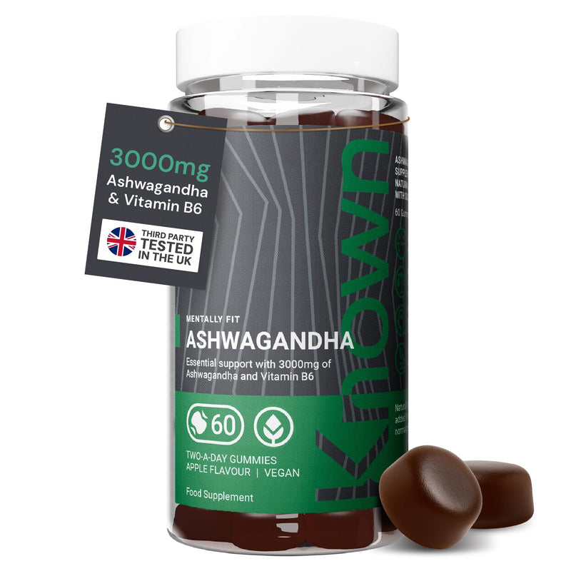 Known 3000mg High Strength Ashwagandha Gummies – Apple Flavour – Chewable Vegan Gummy Supplement – Energy, Mood & Wellbeing Support – 1 Month Supply – Root Extract with Vitamin B6 – for Men & Women 60 Count (30 Day Supply) Bottle