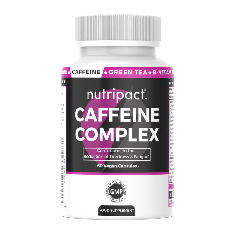Nutripact Caffeine Capsules 12-in-1 Energy Booster Complex with Green Tea, L-Tyrosine, L-Arginine, B Vitamins, VIT C & Iron - for Running, Pre Workout, Focus, Tiredness & Fatigue - 60 Vegan Capsules