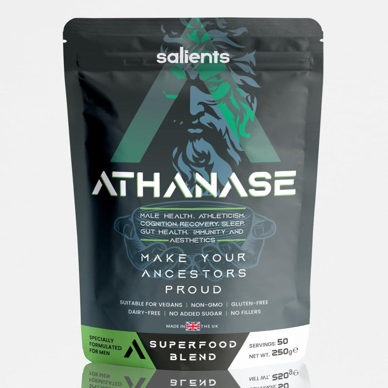 ATHANASE® | Men's Super Greens Powder | Superfood Powder Blend | Includes Maca Root, Guarana, Ashwagandha, Lions Mane (Whole Fruiting Body), Shilajit, Fenugreek & More | 250g UK 250 g (Pack of 1)