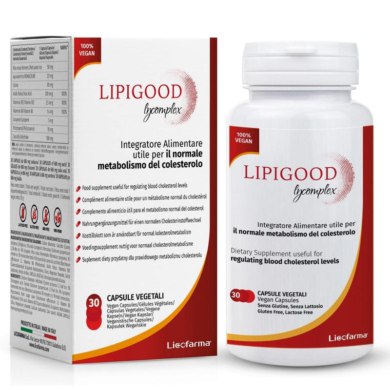 Lipigood Lycomplex Cholesterol Supplement | Fermented Red Rice | Monakolin K, Choline, Lycopene, Polycosanols, Artichoke, Coenzyme Q10 | Folic Acid, Vitamins B6 and B12 | 30 Capsules