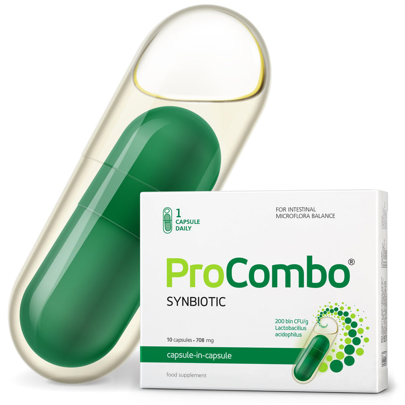 ProCombo – The smart synbiotic with targeted Directing of Good Bacteria. Double Capsule Liquid Formula for Fast Results. 1 Capsule a Day! Laboratory Tested (10 Capsules) 10 Capsules