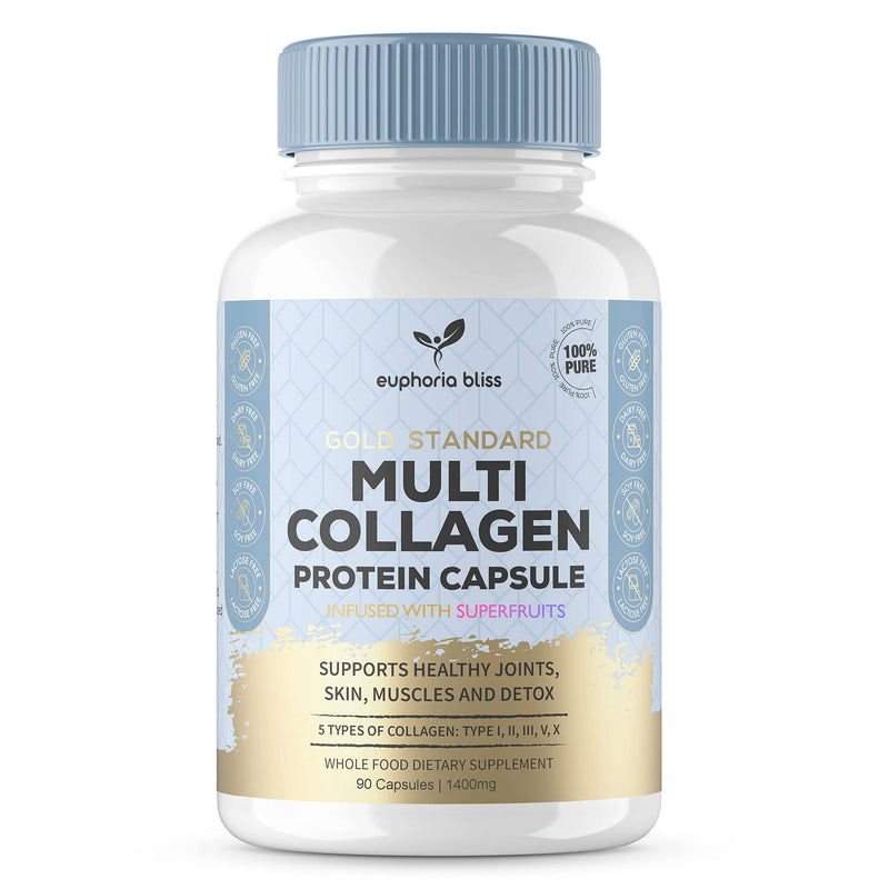 High Strength Multi Collagen 1400MG Tablets with Turmeric & Kelp, Skin, Hair, Nails & Joints, with Hyaluronic Acid, Blueberry, Biotin, Vitamin C, E, B2, B7 Minerals, Hydrolysed Type 1 90 Capsule