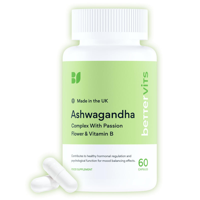Bettervits Ashwagandha High Strength Complex with Passion Flower & Vitamin B | Organic KSM-66 Ashwagandha 800mg | Stress & Cortisol Support Supplement | 60 Capsules