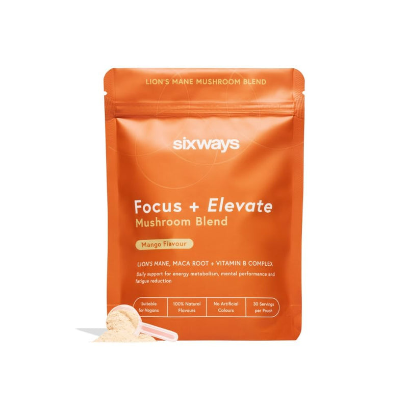 Sixways Focus & Elevate Lion's Mane Supplement, Mango Flavour, 30 Servings with Maca Root, Ginkgo Biloba, Vitamin B Complex, Vegan Nootropic Drink for Brain Function (150g)