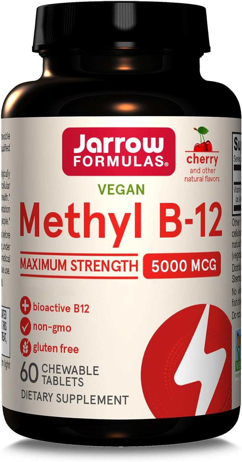 Jarrow Formulas, Methyl B12, 5000mcg, 10-Day Deposit, Cherry Flavour, 60 Chewable Vegan Tablets, Gluten Free, Vegetarian, Soy Free, GMO Free