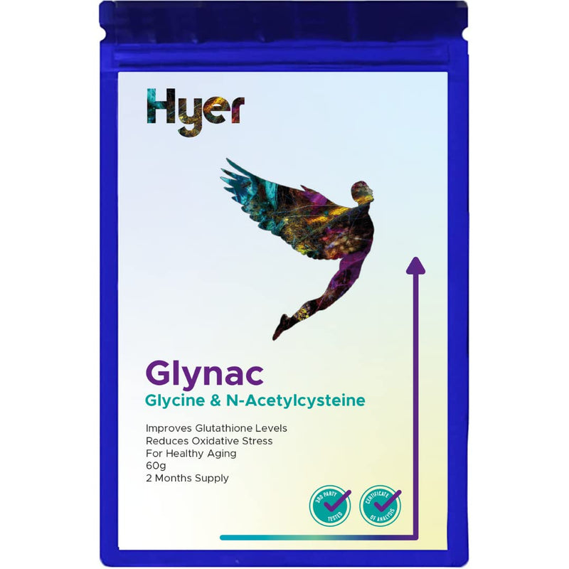 Hyer GlyNAC N-Acetylcysteine & Glycine 60g Premixed Stack Glutathione Level Boost Supplement Powder Third Party Tested High Purity for Healthy Ageing & Oxidative Stress Reduction 60 Servings