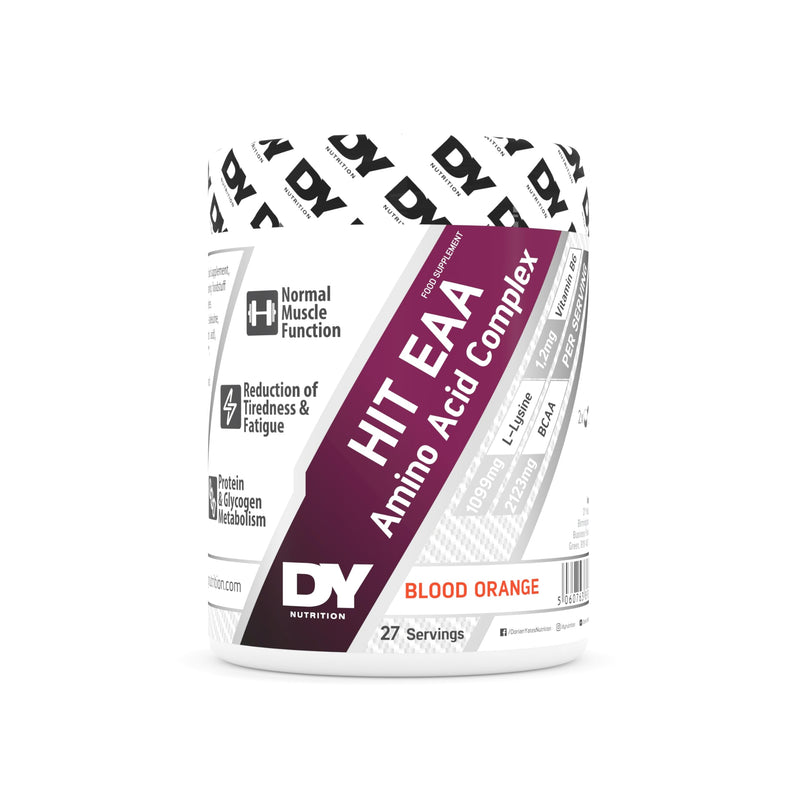 DY Nutrition HIT EAA Essential Amino Acids Complex with BCAAs, L-Lysine & Vitamin B6 | Muscle Repair & Recovery Supplement Intra Workout Powder, 27 Servings, 360g (Blood Orange) Blood Orange