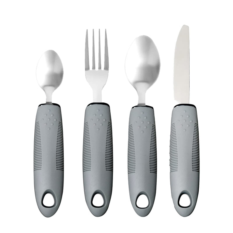 Easy Grip Cutlery Set of 4 Gray Disability Aids with Knife Fork Spoon Large Wide Handled Arthritis Hands Aids Cutlery Adaptive Eating Drinking Utensils for Disabled People Elderly Parkinson
