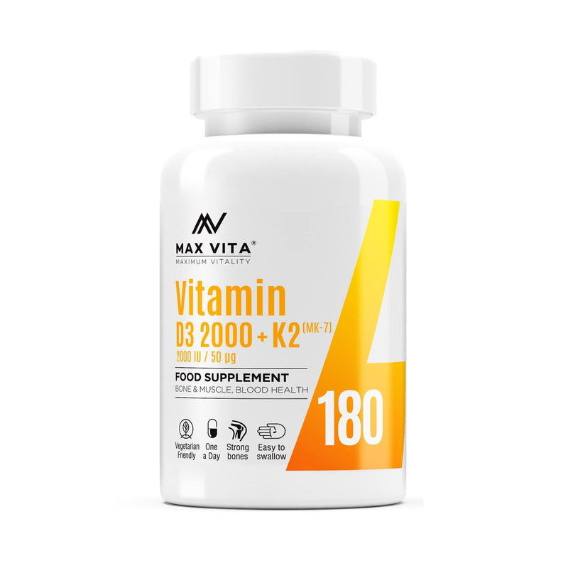 Vitamin D3 2000 IU K2 (MK-7) 100mcg - High Strength Vegetarian 180 Tablets - D3 K2 Cholecalciferol & Menaquinone from Natto - Bones Muscle Teeth Immune System Support - UK Made Non GMO