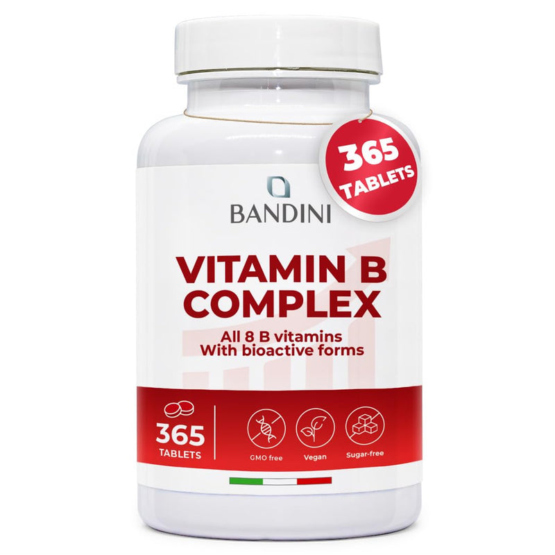Bandini® Vitamin B Complex High Strength | 365 Vegan Tablets (1 Year Supply) | Blend of 8 B Vitamins with Folic Acid, Biotin, B1, B2, B3, B5, B6, B12 | Reduces Tiredness & Fatigue | Immune Support 365 count (Pack of 1)