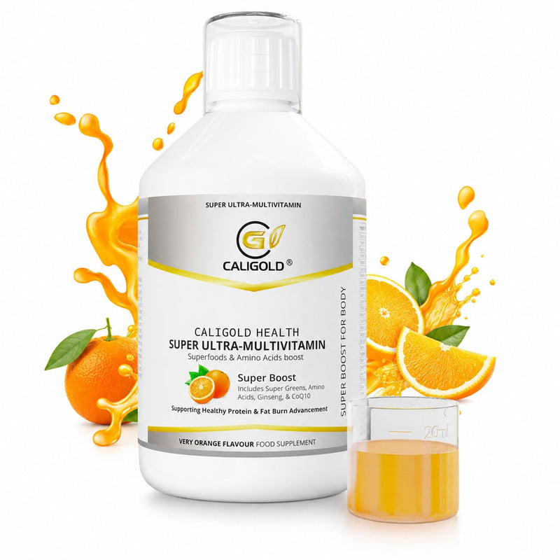 CALIGOLD Health Super Ultra Multivitamins and Minerals - Super Liquid Vitamins Boost Includes Super Greens & Amino Acids in Orange Flavour Daily Supplement