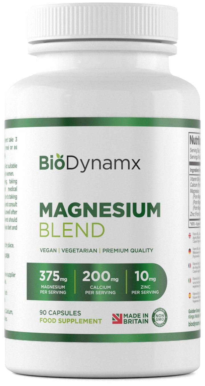 Magnesium 3‑in‑1 Complex 375 mg – Glycinate, Malate & Citrate – 90 High Strength Vegan Capsules (30‑Day Supply) | Energy, Recovery & Sleep Support | UK Made, GMP Certified & Allergen Free