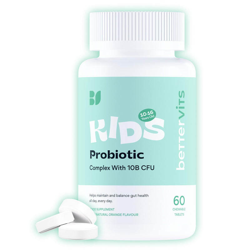 Bettervits Kids Probiotic Complex – 10 Billion CFU | Probiotics for Children 10-16 years old - Gut Health and Immunity Support | Maintains Healthy Digestion | 60 Chewable Orange-Flavored Tablets.