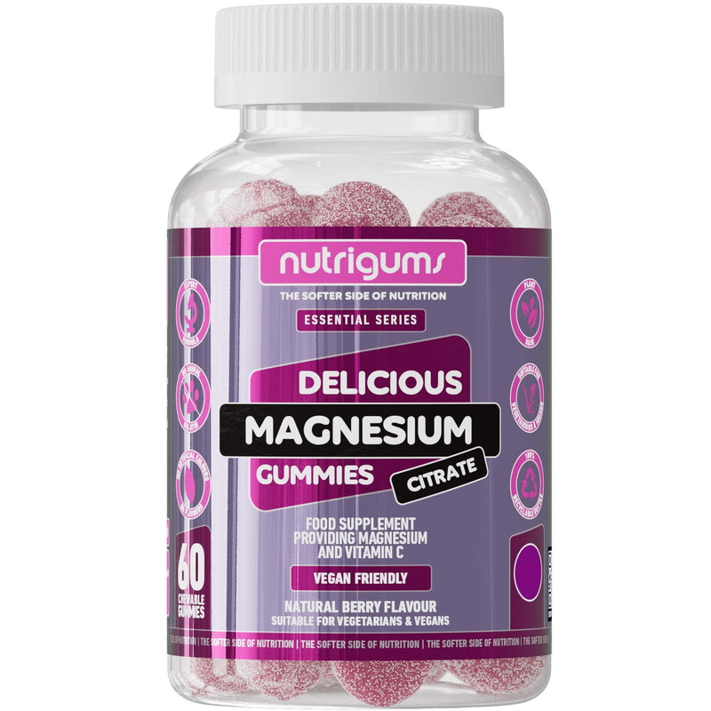 Magnesium Citrate 1250mg & Vitamin C Gummy | High Strength | 150mg of Elemental Magnesium & 80mg Vitamin C | Mixed Berry Flavour | 60 Vegan Gummies | Energy & Bone Support by NUTRIGUMS® 60 count (Pack of 1)