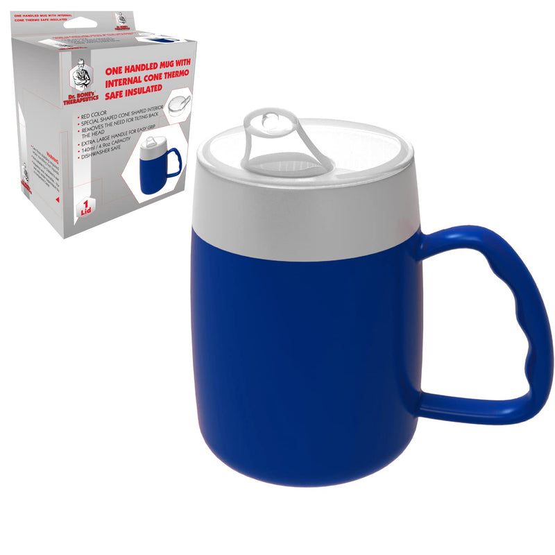DR. BONE'S THERAPEUTICS ® Mug with Internal Cone with Spouted Lid with Small Opening, Spill-Proof, Drinking aid, Thermo Mug, Feeding Cup Drinking Aid Adult Drinking Cup Sippy Cup 140 ml (Blue) Blue