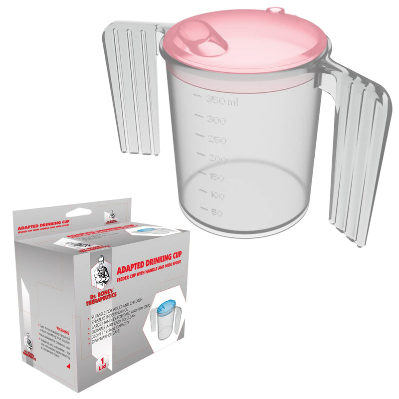 Dr. Bone's ® Two Handled Adapted Drinking Cup with blue lid (Blue) Plastic Feeding Cup with Wide SPOUT Adult Feeder Beaker Disability Drinking AIDS Feeder Cup with Handle - Pink Lid