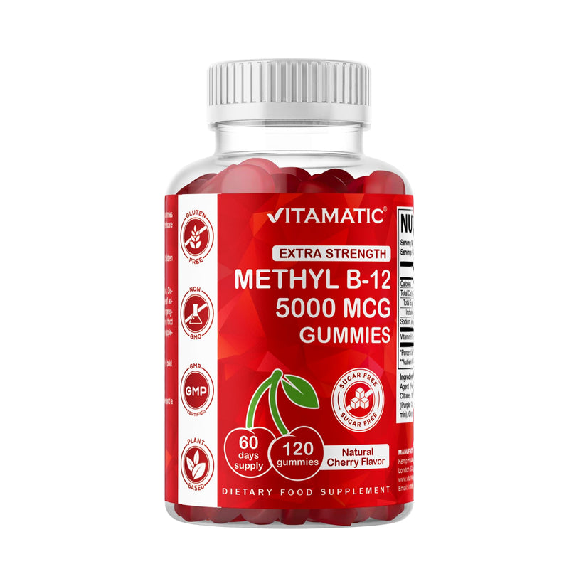 Vitamatic Extra Strength Vitamin B12 5000 mcg (Methylcobalamin) Gummies – 120 Count – Natural Cherry Flavor – Energy & Nervous System Support