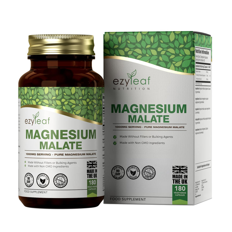 Ezyleaf Magnesium Malate Capsules | 1000mg Malate per Serving - 180 Caps High Strength Magnesium Supplement | Vegan & Filler Free Capsules | Non-GMO, Gluten & Allergen Free | Made in The UK 180 count (Pack of 1)