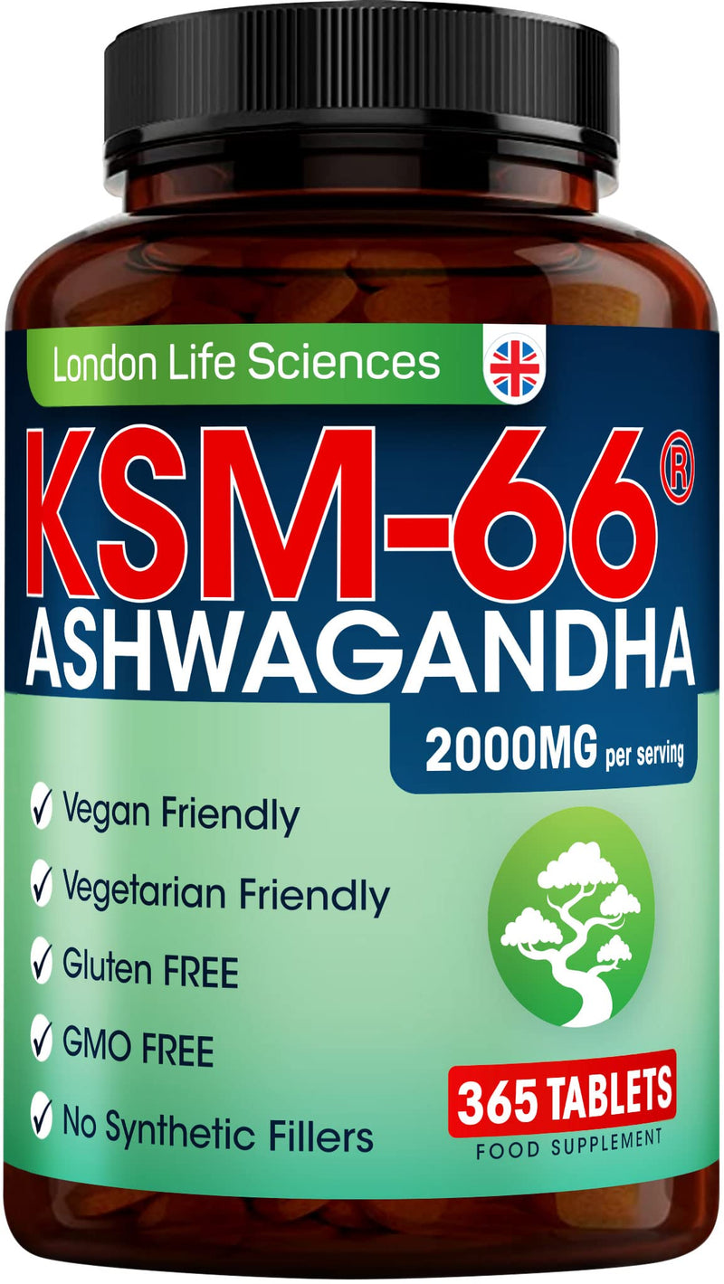 365 Tablets KSM-66 Ashwagandha 2000mg +5 Percent Withanolides Highest Concentration Vegan Organic Root Extract UK Supplier London 365 count (Pack of 1)