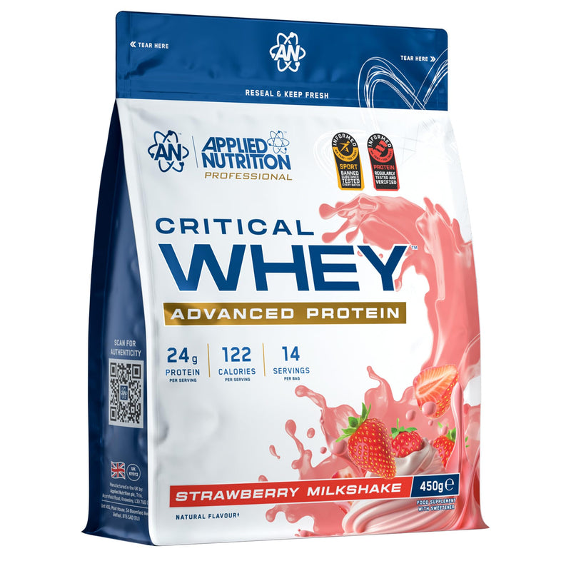 Applied Nutrition Critical Whey Protein Powder – 24g Protein per Serving, High Protein Powder, Protein Shake with BCAAs & Glutamine – Muscle Growth & Recovery (450g - 14 Servings) (Strawberry)