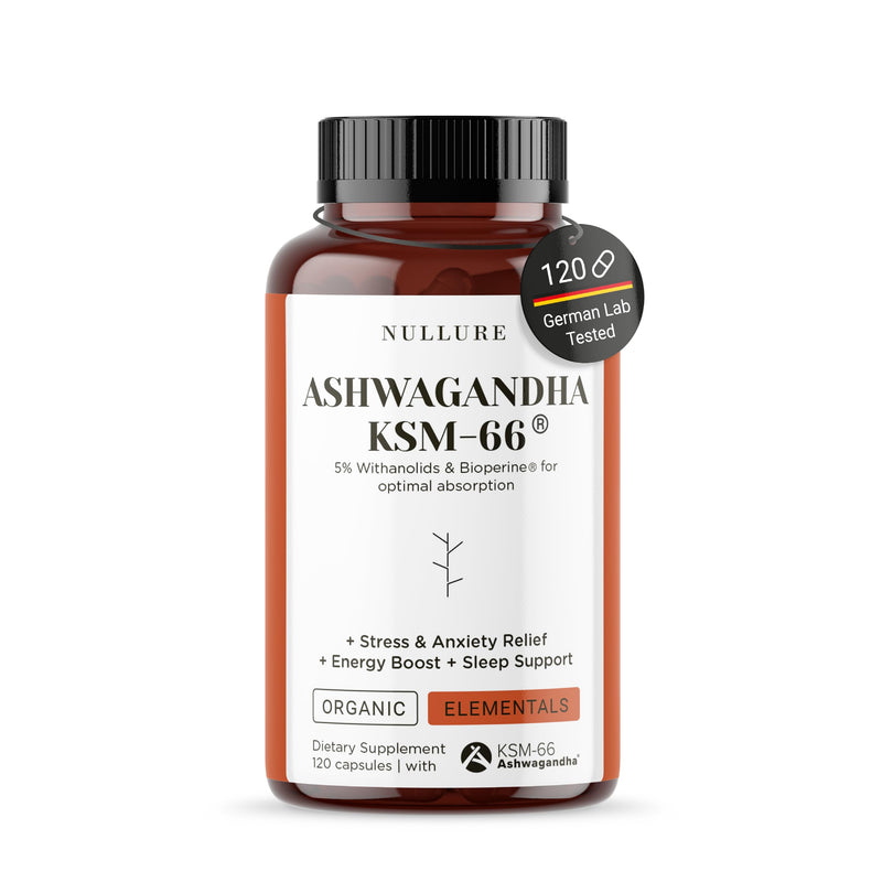 Nullure Organic Ashwagandha KSM-66 + Bioperine | Vegan | 600mg | Anxiety Relief · Anti-Stress (Cortisol) · Endurance · Sleep Quality | Additives Free | 5% Withanolides | 120 Capsules (2 Months)