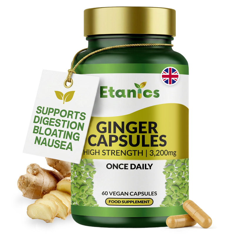 Ginger Capsules 3200mg High Strength | Ginger Root Extract Supplement for Nausea Relief, Digestive Health, Joint Support & Immune Wellness | Vegan & Vegetarian Friendly | Made in the UK 60 count (Pack of 1)