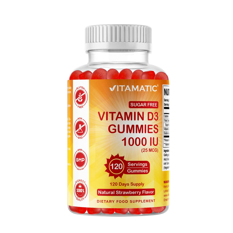 Vitamatic Sugar Free Vitamin D3-120 Pectin Based Gummies - Great Taste - Healthy Bones, Mood & Immune System Function - Non-GMO - 120 Servings (1000 IU)