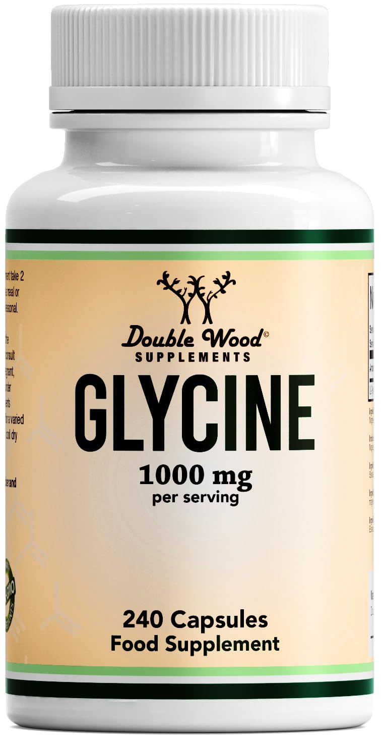 Double Wood Glycine Supplement | 240 High Strength Glycine Capsules - 1000mg per Serving | Amino Acid Supplement | Non-GMO & Gluten | Manufactured in The UK 240 count (Pack of 1)
