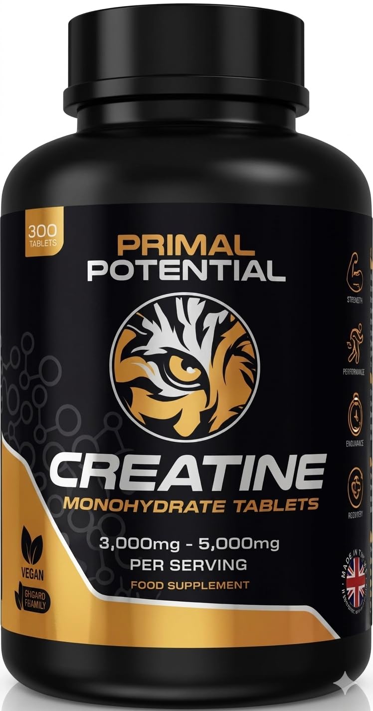 Primal Potential Creatine Monohydrate Tablets | 300 x 1000mg | 3–5g Daily Dose | 60–100 Days Supply | Vegan & Halal | No Powder | Made in UK