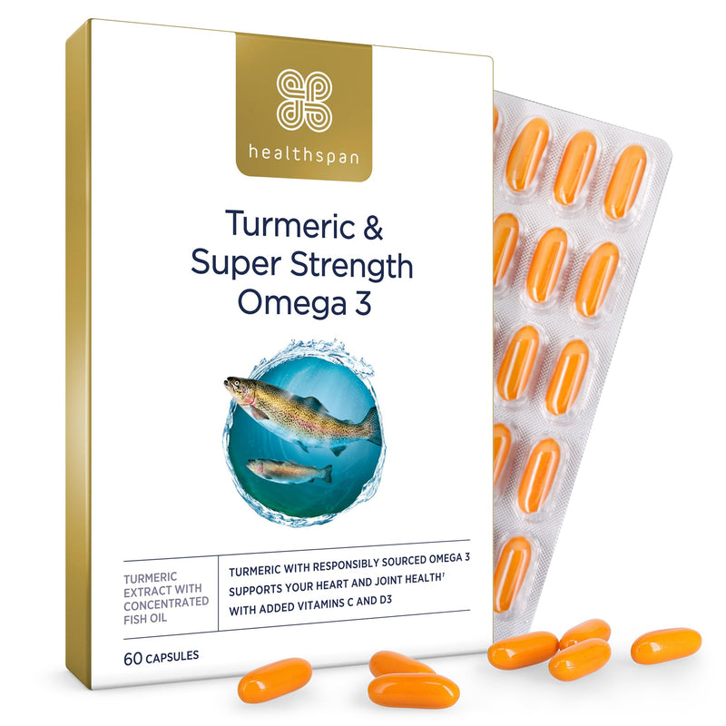 Healthspan Turmeric & Omega 3 | 60 Capsules | Added Vitamin C & Vitamin D3 | Heart, Joint & Bone Health | Sustainably Sourced