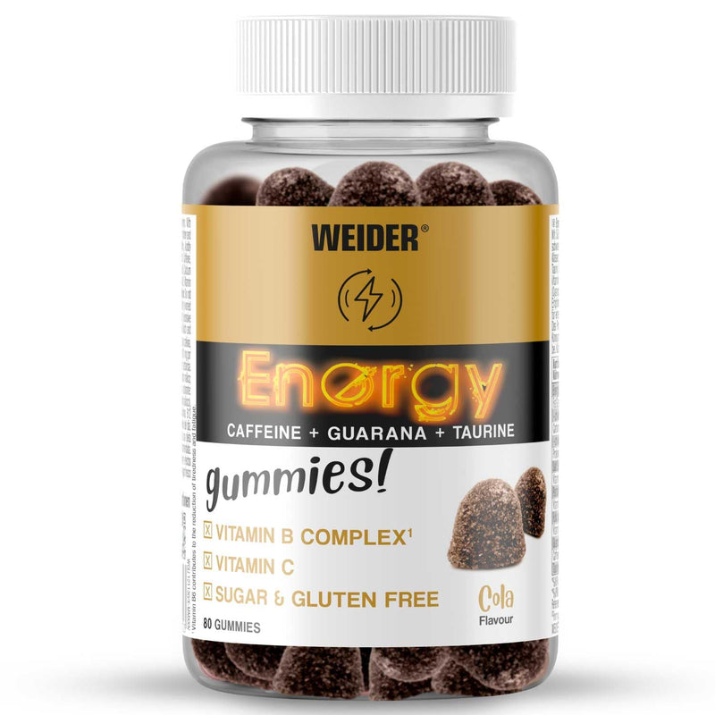 Weider Energy Caffeine Gummies (80 Gums) Cola Flavour. Caffeine Gummies with Guarana, Taurine, Vitamin B and C. Sugar Free. Allergen Free. (10 Servings) ENERGY CAFFEINE 80 GUMS