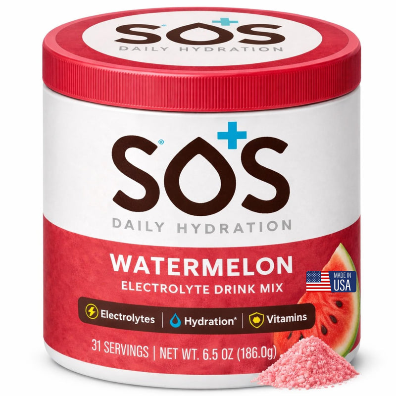 SOS Hydrating Electrolyte Powder (Watermelon Flavour - Bulk 31 Servings) Best Fast Acting, Low Calorie Rehydration Sports Drink