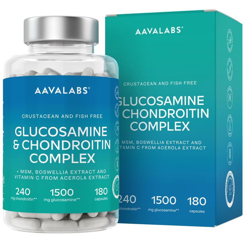 Glucosamine and Chondroitin High Strength + MSM, Boswellia Extract & Vitamin C (3 Capsules Daily) - Fish & Crustacean Allergen Free - 180 Capsules Glucosamine Sulphate 180 count (Pack of 1)