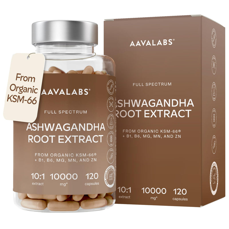 Ashwagandha KSM 66 -1000mg (Highly Concentrated 10:1 Extract Ratio Equivalent to 10,000mg per Serving)of which 5% Withanolides-with Vitamin B6, B1, Zinc, Magnesium & Manganese-120 Ashwagandha Capsules