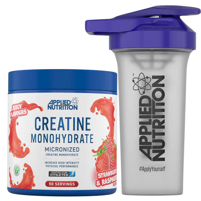 Applied Nutrition Creatine + 700ml Shaker | Creatine Monohydrate Micronized Powder with Flavour, Increases High-Intensity Physical Performance (250g - 50 Servings) (Strawberry & Raspberry) Strawberry & Raspberry 50 Servings (Pack of 1)