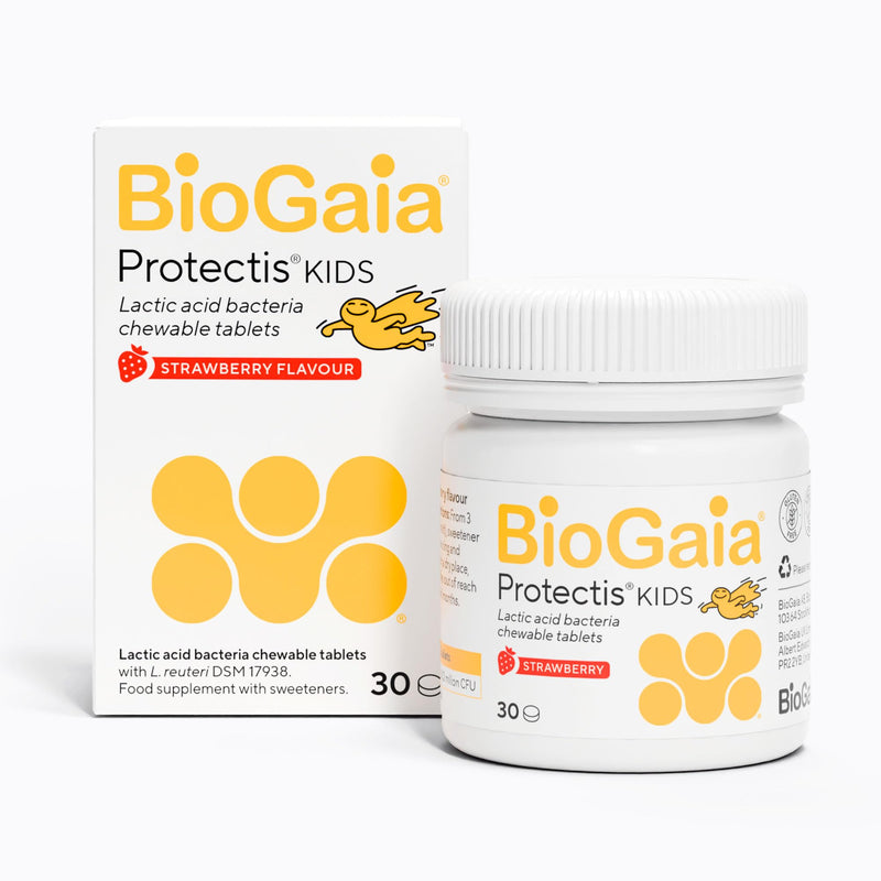 BioGaia Protectis Kids Tablets | 30 Chewable Probiotic Supplements with 100 Million Live L. Reuteri | Gut Health and Comfort | Digestive System Support for Children - Strawberry Flavour 30 count (Pack of 1)