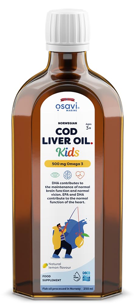 Osavi Norwegian Cod Liver Oil Kids – 250 ml | 500 mg Omega–3| Supports Brain Function, Vision, Heart Health, Immune System | Includes 135 µg Vitamin A | Lemon Flavour | Made in Norway