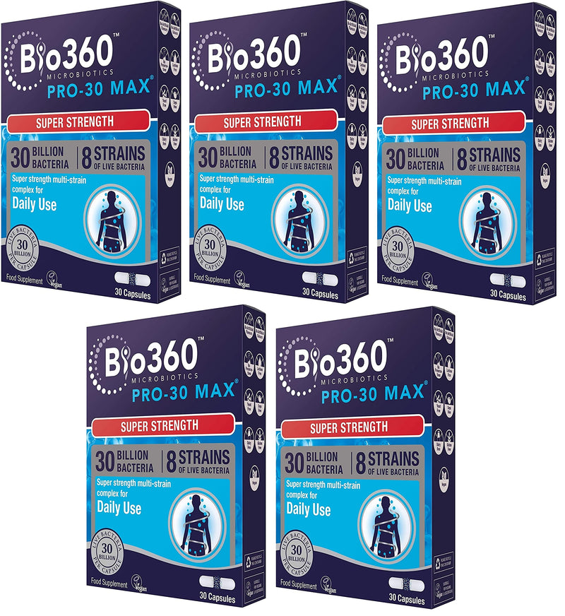 Natures Aid Bio360 Pro-30 MAX (30 Billion Bacteria), 30 Capsules (Pack of 5), 148.0 g | 30 Billion Bacteria, 30 Capsules per Pack, 150 Capsules Total