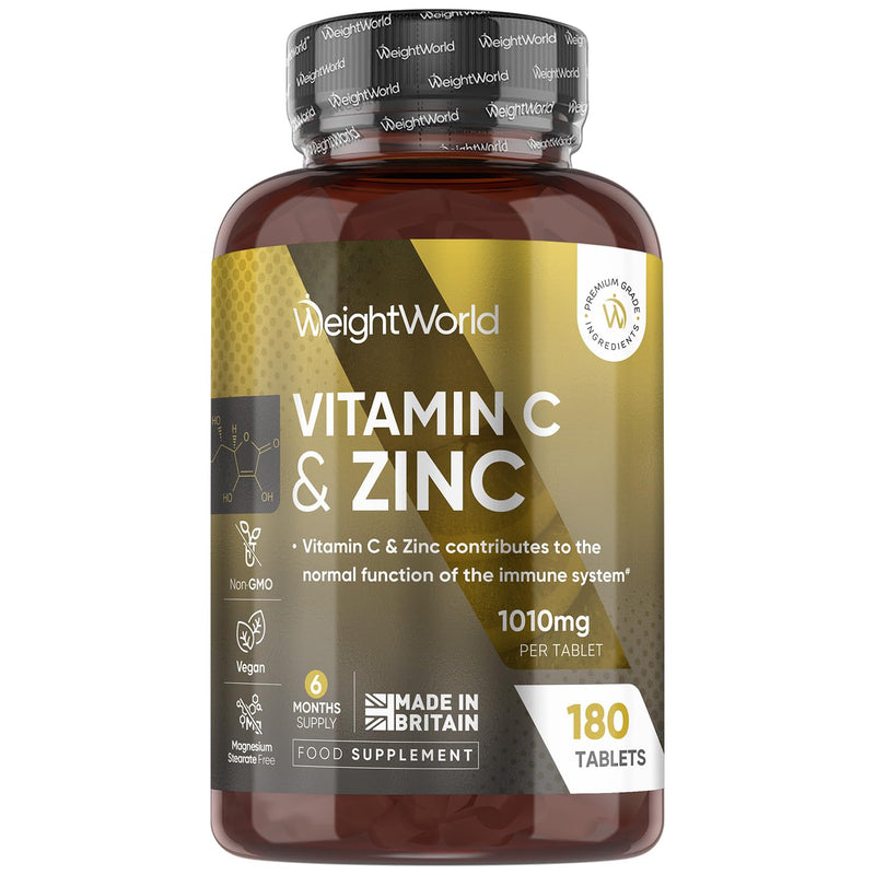 Vitamin C and Zinc Supplements - 6 Months Supply - 180 Tablets - 1 per Day - 1000mg L-Ascorbic Acid & 10mg Zinc Citrate - Vegan-Friendly & Non-GMO - Vitamin C Tablets for Men & Women