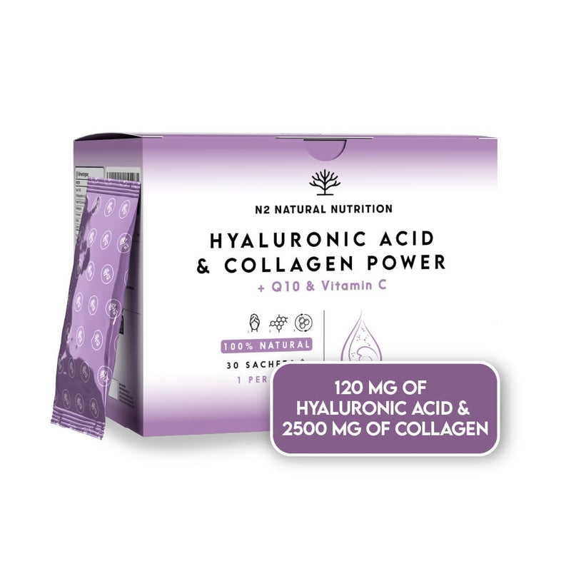 Hyaluronic Acid 120mg + Collagen 2500mg + Vitamin C + coq10. Collagen Supplements for Women. High Dosage. Blueberry Flavour. Reduces Wrinkles, Moisturises and Rejuvenates. N2 Natural Nutrition Hyaluronic Acid & Collagen Power (sachets)