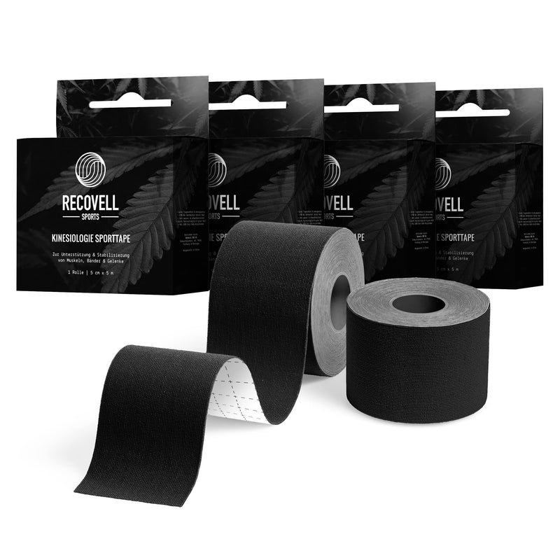 Recovell Kinesiology Sports Tape 4 Rolls Black 5 cm x 5 m for Support and Stabilisation I Waterproof Tape for Muscle Tapes and Joints I Tape Self-Adhesive I Elastic Tape