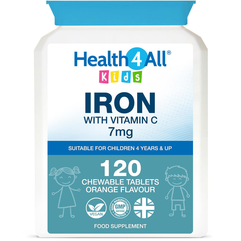 Health4All Kids Iron 120 Chewable Tablets 4 Months Supply, Vegan Sugar-Free Iron Supplement for Children 4+ Supports Learning, Growth & Immune System, Natural Orange Flavour, Made in UK (not Gummies) 120 count (Pack of 1)
