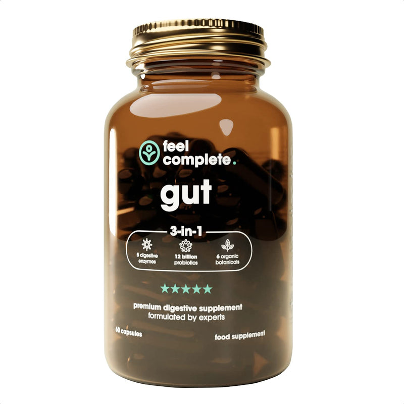 Feel Complete | Gut 3-in-1 | Premium Digestive Supplement | Probiotics & Digestive Enzymes & Prebiotics | Gut Health | Vegan | Made in The UK | 60 Capsules 60 count (Pack of 1)