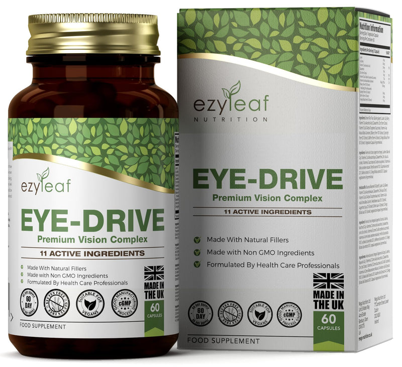 Ezyleaf Eye Supplement | Saffron, Lutein and Zeaxanthin Supplement with Bilberry, EyeBright, Natural Beta-Carotene & Goji Berry | 60 Eye-Drive Eye Vitamins - Vitamin C E A | Non-GMO & UK ISO Certified