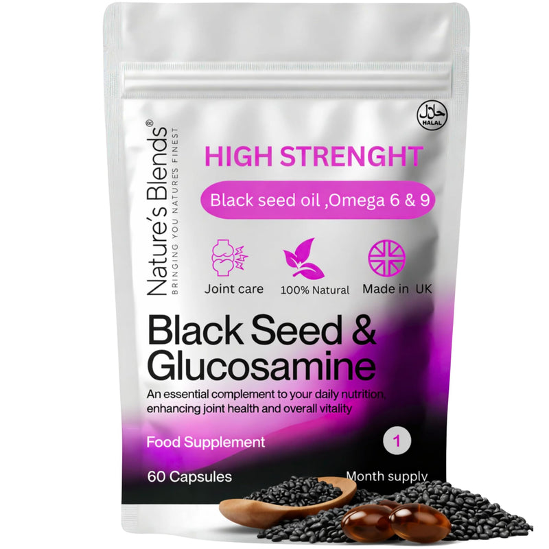 Nature’s Blends Black Seed Oil Capsules 500mg - Cold Pressed Nigella Sativa Capsules with Glucosamine – High Strength Omega 6 & 9 for Immune Support, Hair & Joint Health – 60 Softgels