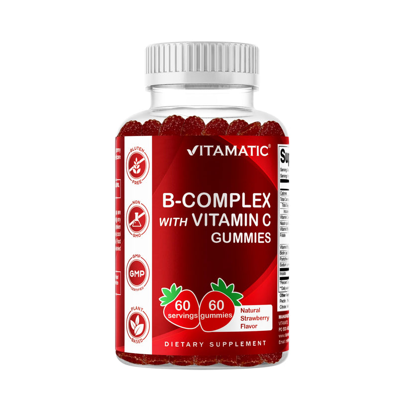 Vitamatic Vitamin B Complex Gummies with Vitamin C & Inositol - Natural Strawberry Flavor - 60 Gummies